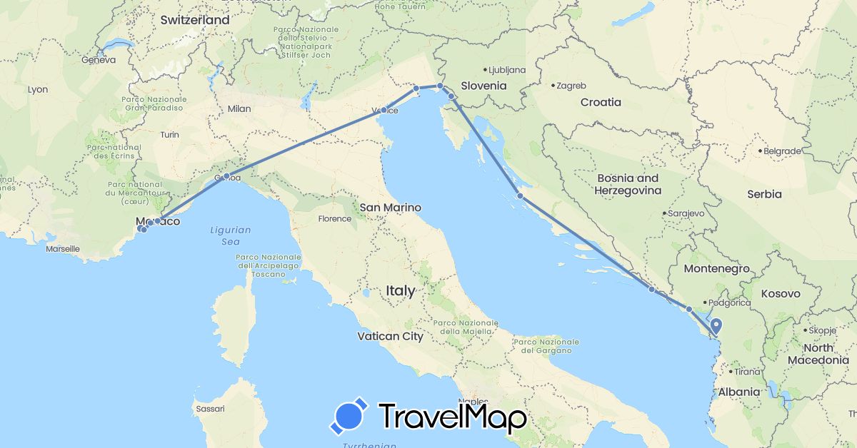 TravelMap itinerary: driving, cycling in Albania, France, Croatia, Italy, Monaco, Montenegro (Europe)